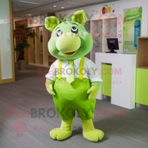 Lime Green Sow mascot costume character dressed with a Dress Pants and Hair clips