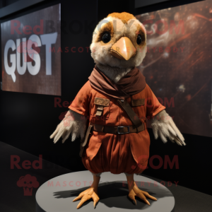 Rust Gosling mascot costume character dressed with a Joggers and Shawl pins