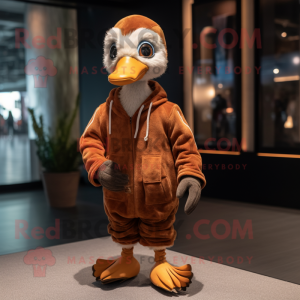 Rust Gosling mascot costume character dressed with a Joggers and Shawl pins