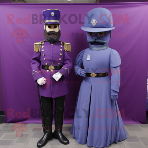 Purple Civil War Soldier mascot costume character dressed with a Evening Gown and Rings