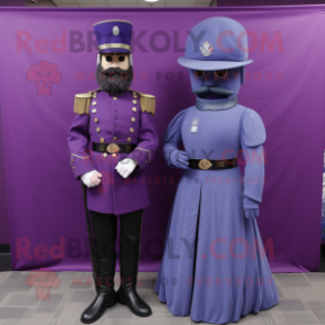 Purple Civil War Soldier mascot costume character dressed with a Evening Gown and Rings