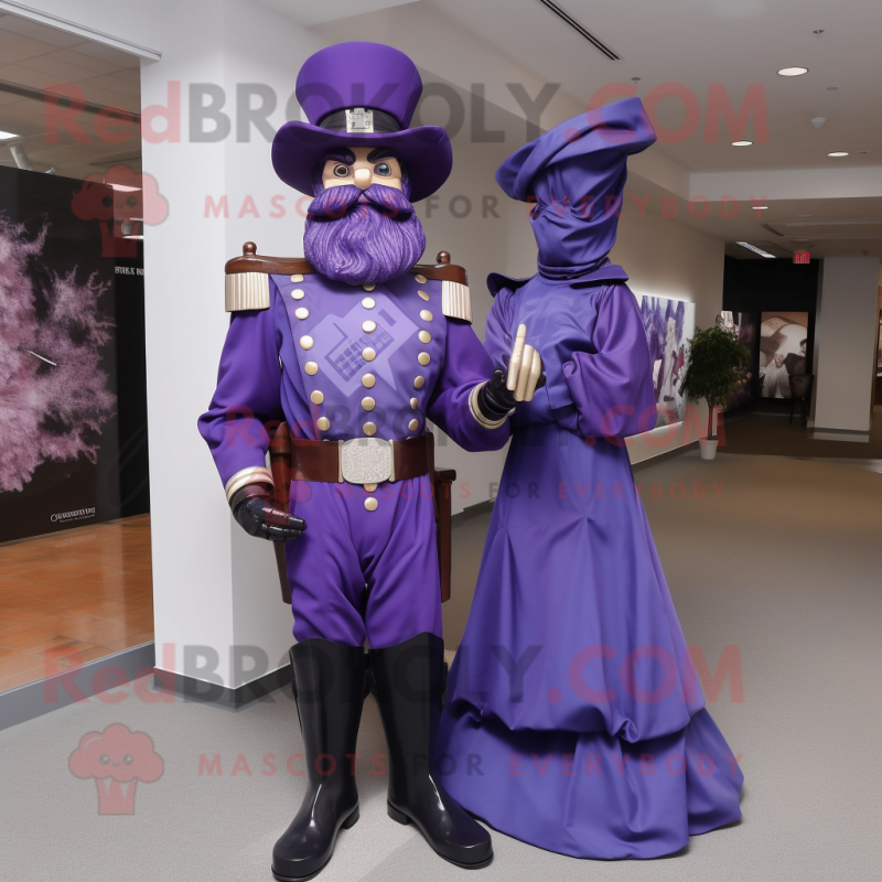 Purple Civil War Soldier mascot costume character dressed with a Evening Gown and Rings