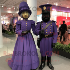 Purple Civil War Soldier mascot costume character dressed with a Evening Gown and Rings