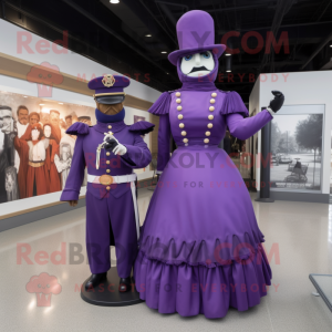 Purple Civil War Soldier mascot costume character dressed with a Evening Gown and Rings