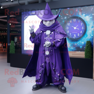 Purple Magician mascot costume character dressed with a Coat and Digital watches