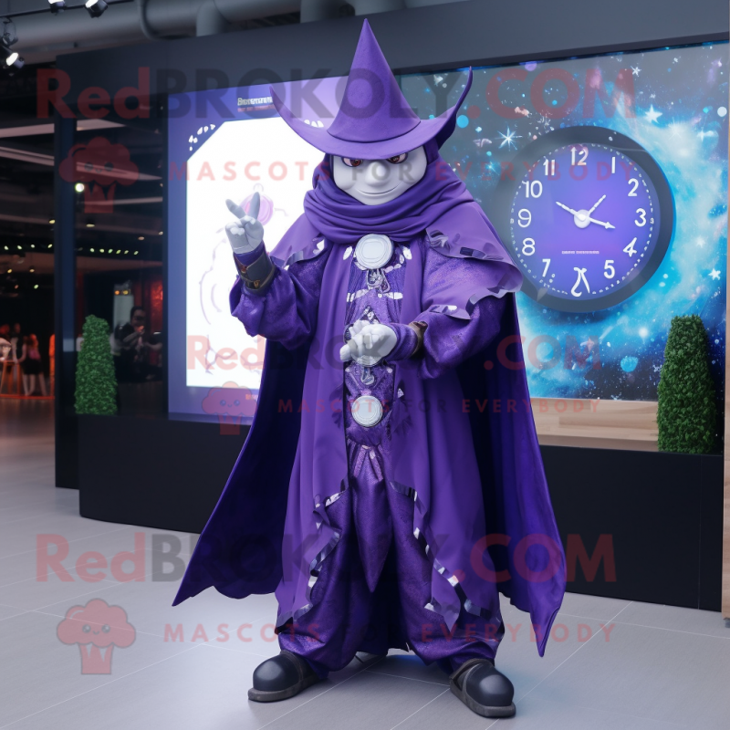 Purple Magician mascot costume character dressed with a Coat and Digital watches Purple Magician mascot costume character dressed with a Coat and Digital watches