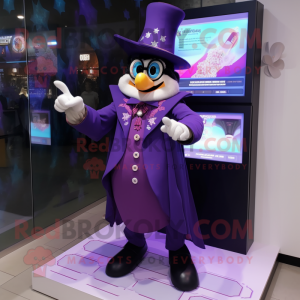 Purple Magician mascot costume character dressed with a Coat and Digital watches