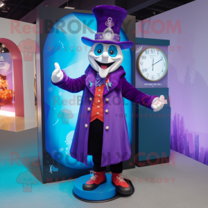 Purple Magician mascot costume character dressed with a Coat and Digital watches