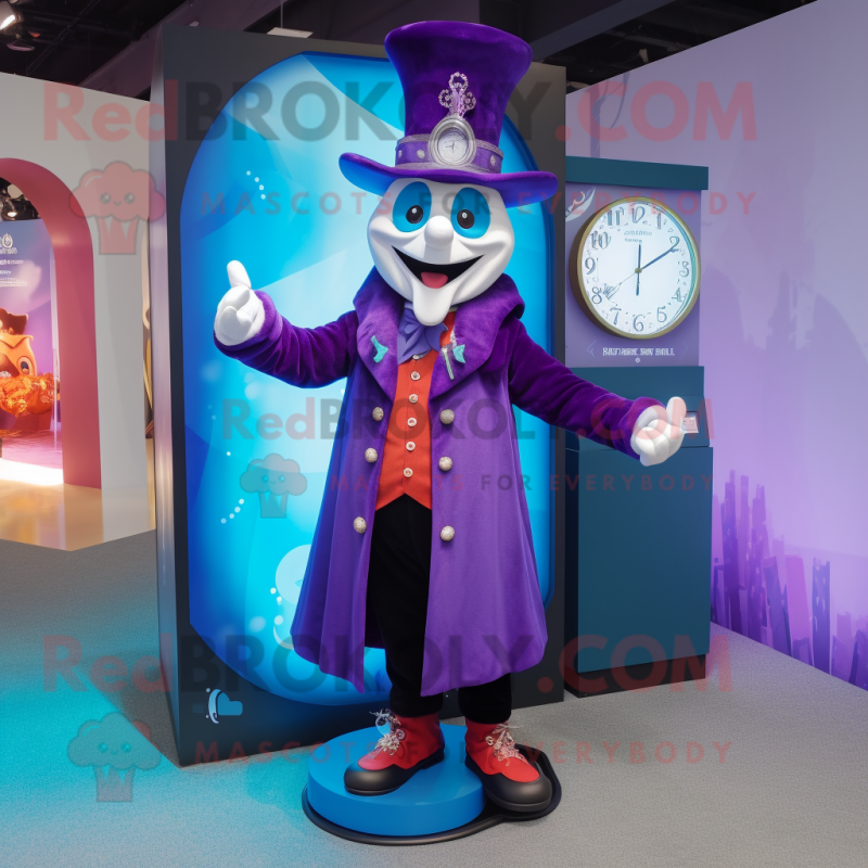 Purple Magician mascot costume character dressed with a Coat and Digital watches