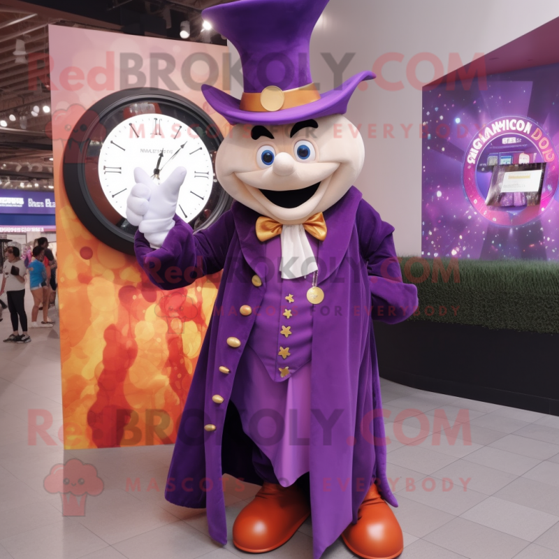 Purple Magician mascot costume character dressed with a Coat and Digital watches