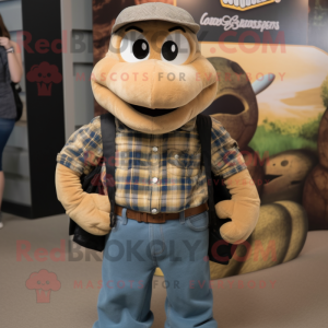 Tan Anaconda mascot costume character dressed with a Flannel Shirt and Wallets