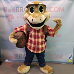 Tan Anaconda mascot costume character dressed with a Flannel Shirt and Wallets