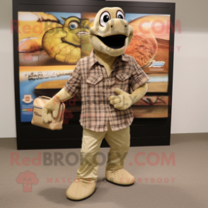 Tan Anaconda mascot costume character dressed with a Flannel Shirt and Wallets