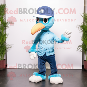 Cyan Flamingo mascot costume character dressed with a Bootcut Jeans and Caps