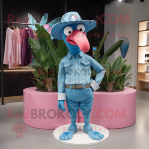 Cyan Flamingo mascot costume character dressed with a Bootcut Jeans and Caps