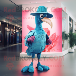 Cyan Flamingo mascot costume character dressed with a Bootcut Jeans and Caps