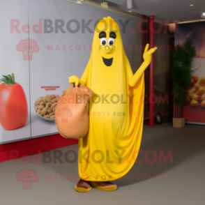 Yellow Currywurst mascot costume character dressed with a Evening Gown and Clutch bags