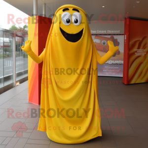 Yellow Currywurst mascot costume character dressed with a Evening Gown and Clutch bags