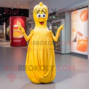 Yellow Currywurst mascot costume character dressed with a Evening Gown and Clutch bags