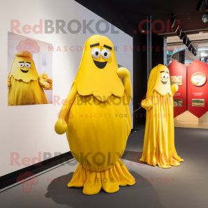 Yellow Currywurst mascot costume character dressed with a Evening Gown and Clutch bags