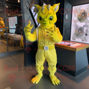 Yellow Gargoyle mascot costume character dressed with a Romper and Smartwatches