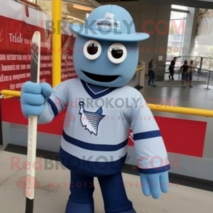 Silver Ice Hockey Stick mascot costume character dressed with a Denim Shirt and Cufflinks