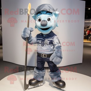 Silver Ice Hockey Stick mascot costume character dressed with a Denim Shirt and Cufflinks