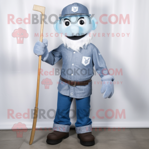 Silver Ice Hockey Stick mascot costume character dressed with a Denim Shirt and Cufflinks