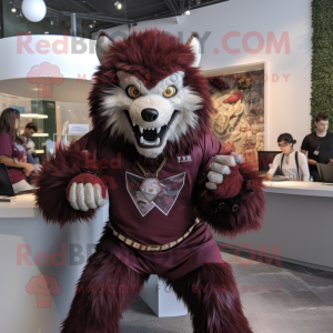 Maroon Werewolf mascot costume character dressed with a Henley Shirt and Keychains