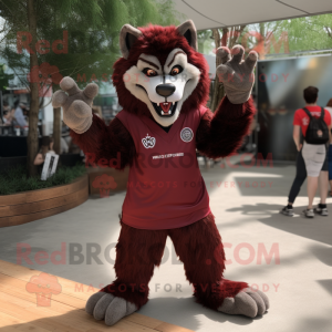 Maroon Werewolf mascot costume character dressed with a Henley Shirt and Keychains