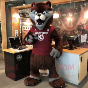 Maroon Werewolf mascot costume character dressed with a Henley Shirt and Keychains