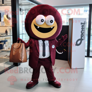 Maroon Donut mascot costume character dressed with a Blazer and Handbags