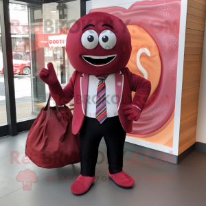 Maroon Donut mascot costume character dressed with a Blazer and Handbags