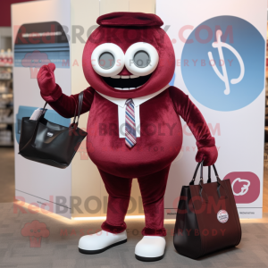 Maroon Donut mascot costume character dressed with a Blazer and Handbags