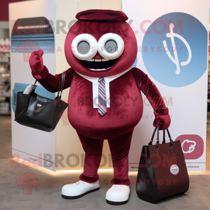 Maroon Donut mascot costume character dressed with a Blazer and Handbags Maroon Donut mascot costume character dressed with a Blazer and Handbags