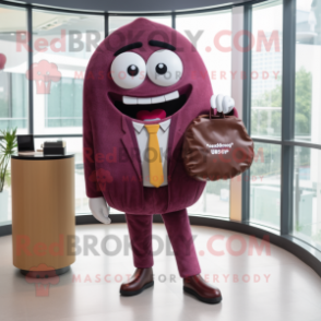 Maroon Donut mascot costume character dressed with a Blazer and Handbags