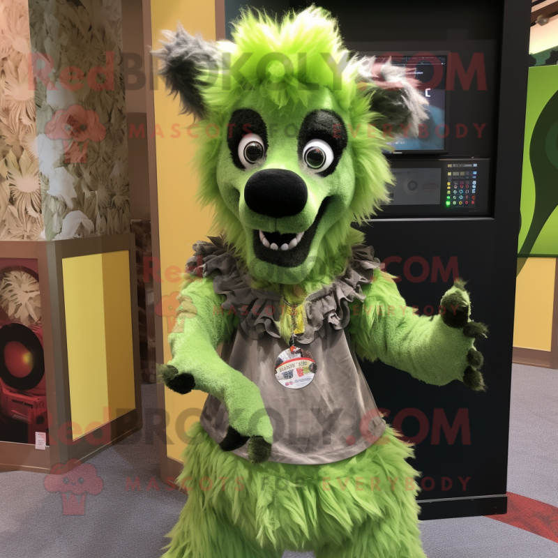 Green Hyena mascot costume character dressed with a Mini Skirt and Cummerbunds