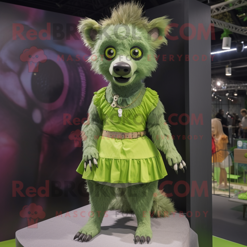 Green Hyena mascot costume character dressed with a Mini Skirt and Cummerbunds