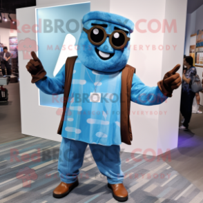 Blue Chocolate Bar mascot costume character dressed with a Boyfriend Jeans and Bracelets