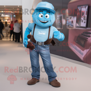 Blue Chocolate Bar mascot costume character dressed with a Boyfriend Jeans and Bracelets