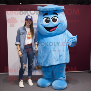 Blue Chocolate Bar mascot costume character dressed with a Boyfriend Jeans and Bracelets