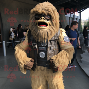 Beige Sasquatch mascot costume character dressed with a Biker Jacket and Cummerbunds