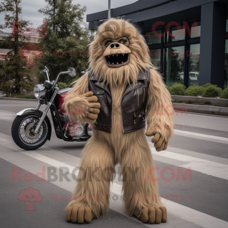 Beige Sasquatch mascot costume character dressed with a Biker Jacket and Cummerbunds