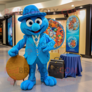Blue Jambalaya mascot costume character dressed with a Suit and Coin purses