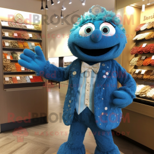 Blue Jambalaya mascot costume character dressed with a Suit and Coin purses