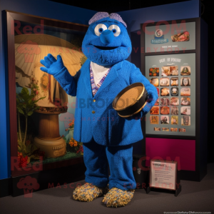 Blue Jambalaya mascot costume character dressed with a Suit and Coin purses