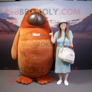 Rust Walrus mascot costume character dressed with a Ball Gown and Messenger bags