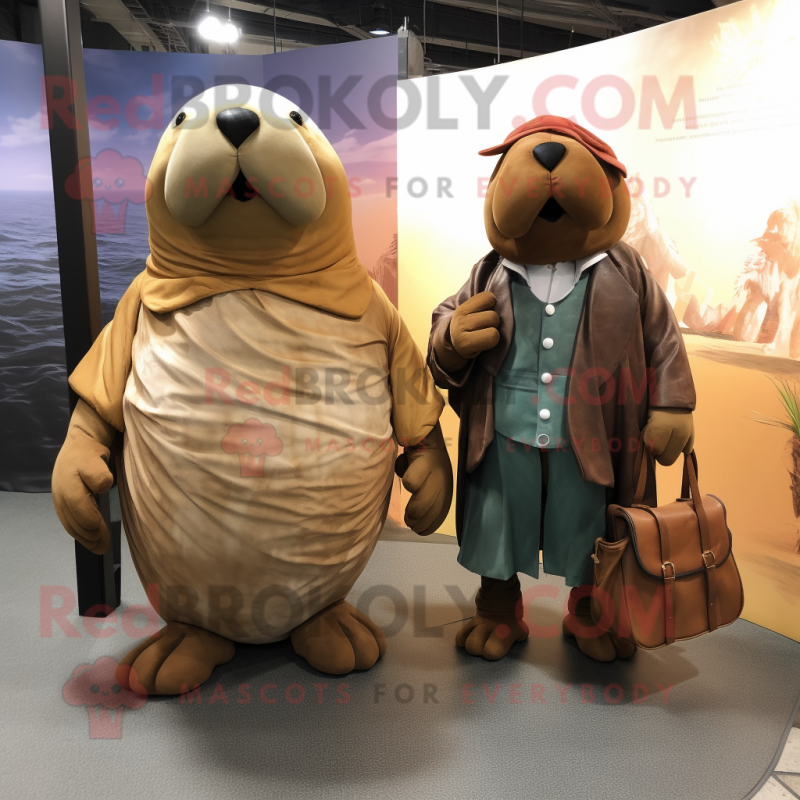 Rust Walrus mascot costume character dressed with a Ball Gown and Messenger bags