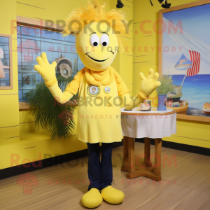 Yellow Shrimp Scampi mascot costume character dressed with a Henley Shirt and Brooches