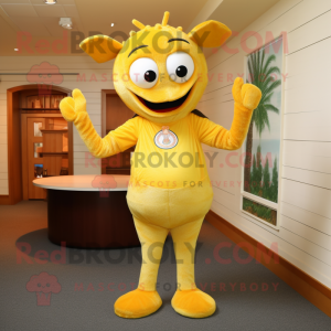 Yellow Shrimp Scampi mascot costume character dressed with a Henley Shirt and Brooches